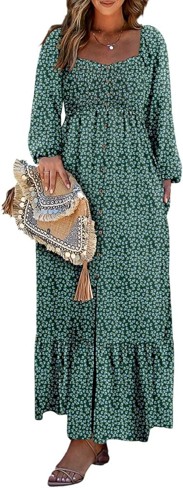 Dokotoo Womens Dresses 2024 Boho Floral Smocked Square Neck Long Sleeve Button Down Beach Long Ma... | Amazon (US)