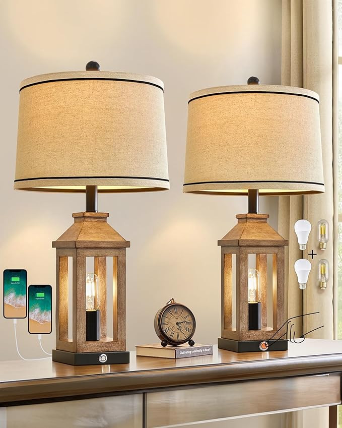 23.75" Farmhouse Dual USB Charging Ports 3-Way Dimmable Touch Control Table Lamp with Nightlight ... | Amazon (US)
