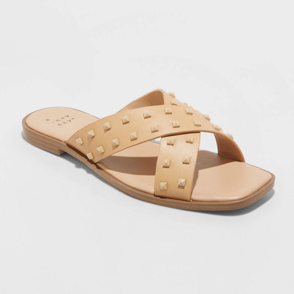 Women's Wide Width Emmy Studded Crossband Sandals - A New Day Tan 11W | Target