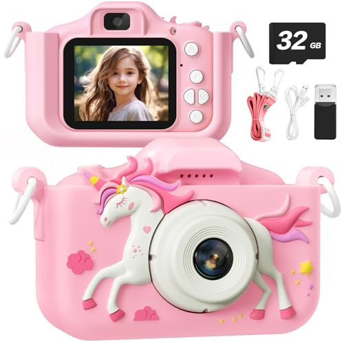 Upgrade Unicorn Kids Camera Toys for Girls Boys Birthday Gift, 48MP HD Digital Video Camera for Toddler Childs 3-12 Years Old, Multifunction Kids Camera with 32GB SD Card (Pink) | Amazon (US)