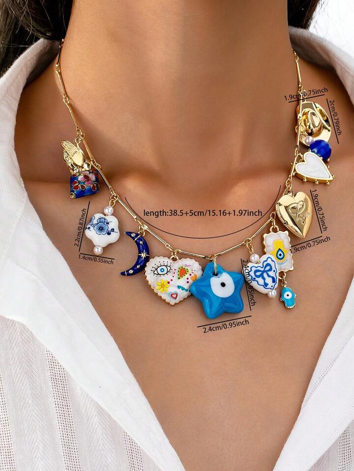 1pc Evil Eye Glass Beads Heart Locket Charm Necklace, Multi Charms Necklaces Jewelry For Women, S... | SHEIN