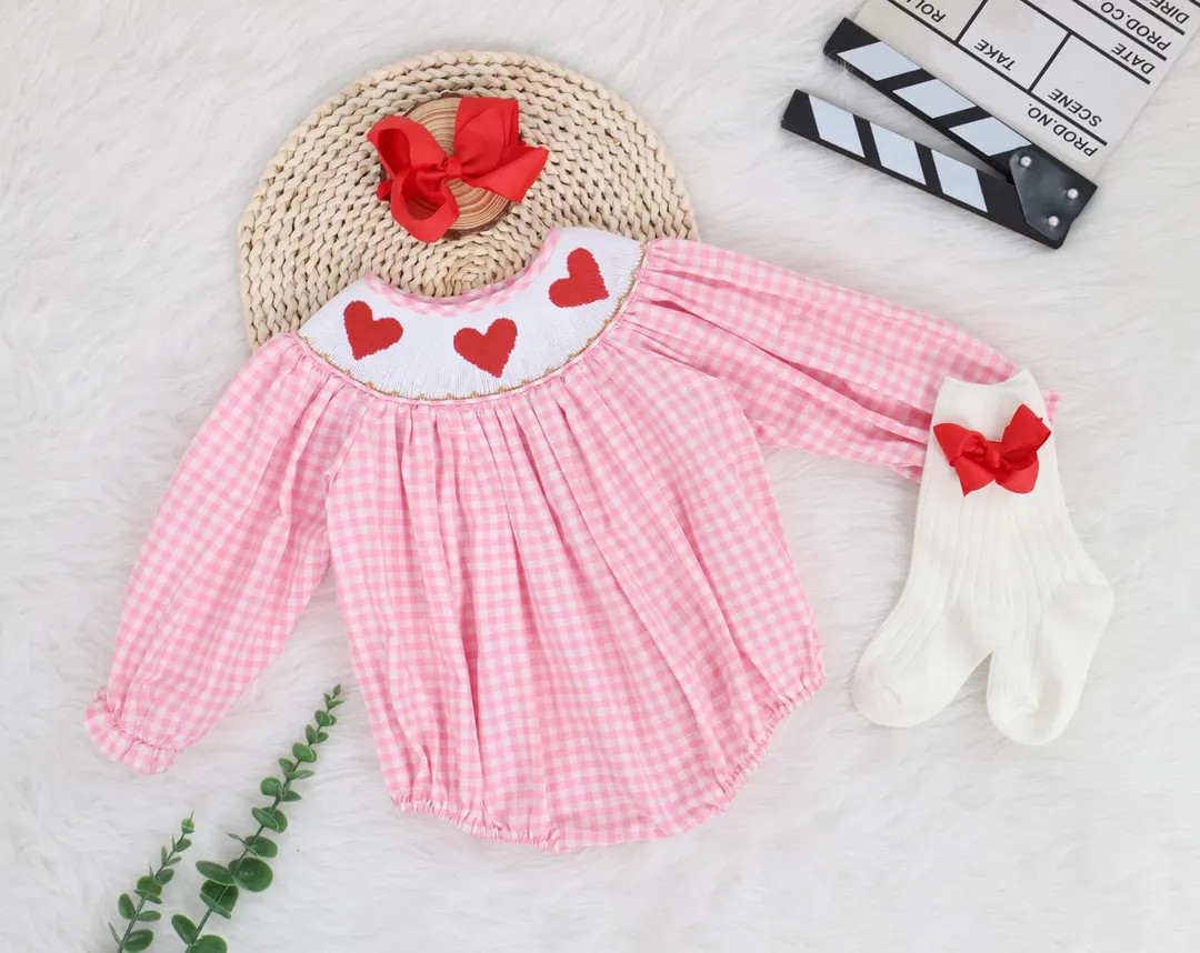 Valentine Smocked Bubble Romper With Heart, Red Hearts on Pink Gingham, Smocked Dress, Baby Girl ... | Etsy (US)