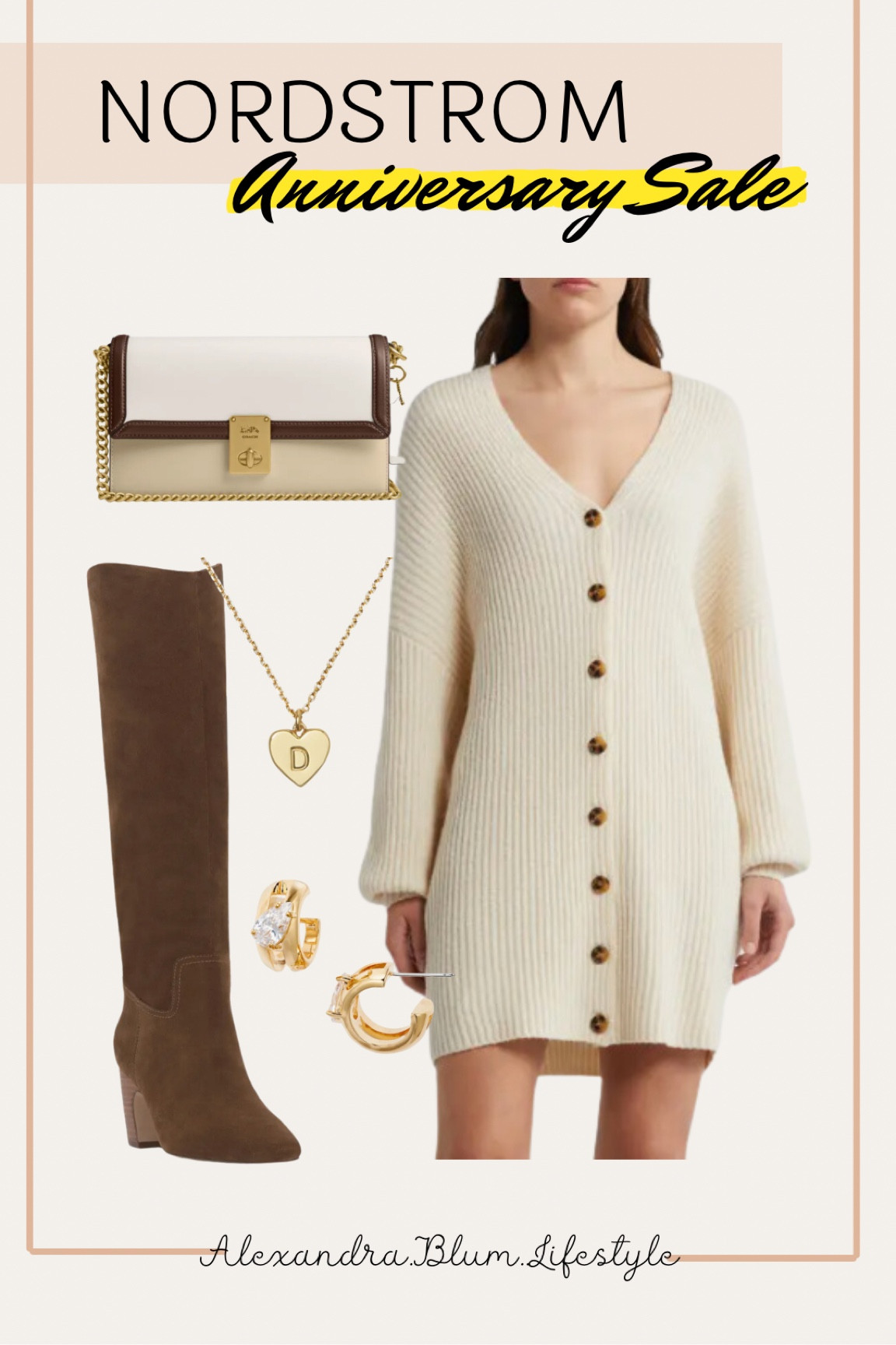 Nordstrom anniversary sale outfit idea perfect for this fall! Cream button down sweater dress, dark brown knee high boots, crossbody designer purse, and gold jewelry! 

#LTKShoeCrush #LTKFindsUnder100 #LTKxNSale