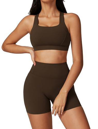 ABOCIW Workout Sets for Women 2 Piece Gym Yoga Outfits Cross Back Sports Bra High Waist Biker Shorts Gym Sets Active Tracksuit Coffee X-Large | Amazon (US)