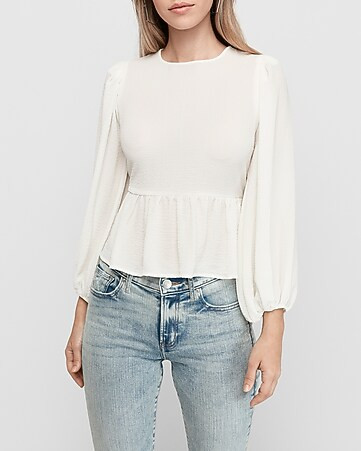 Textured Chiffon Balloon Sleeve Peplum Top | Express