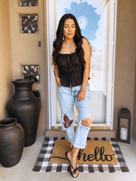 H & M front tie linen camisole top!  Also comes in tan!  🙌🏽 Dress it up or down.  Wearing a M.  I busted out the knees in these jeans for more dramatic worn look.  

#LTKshoecrush #LTKstyletip #LTKfindsunder50