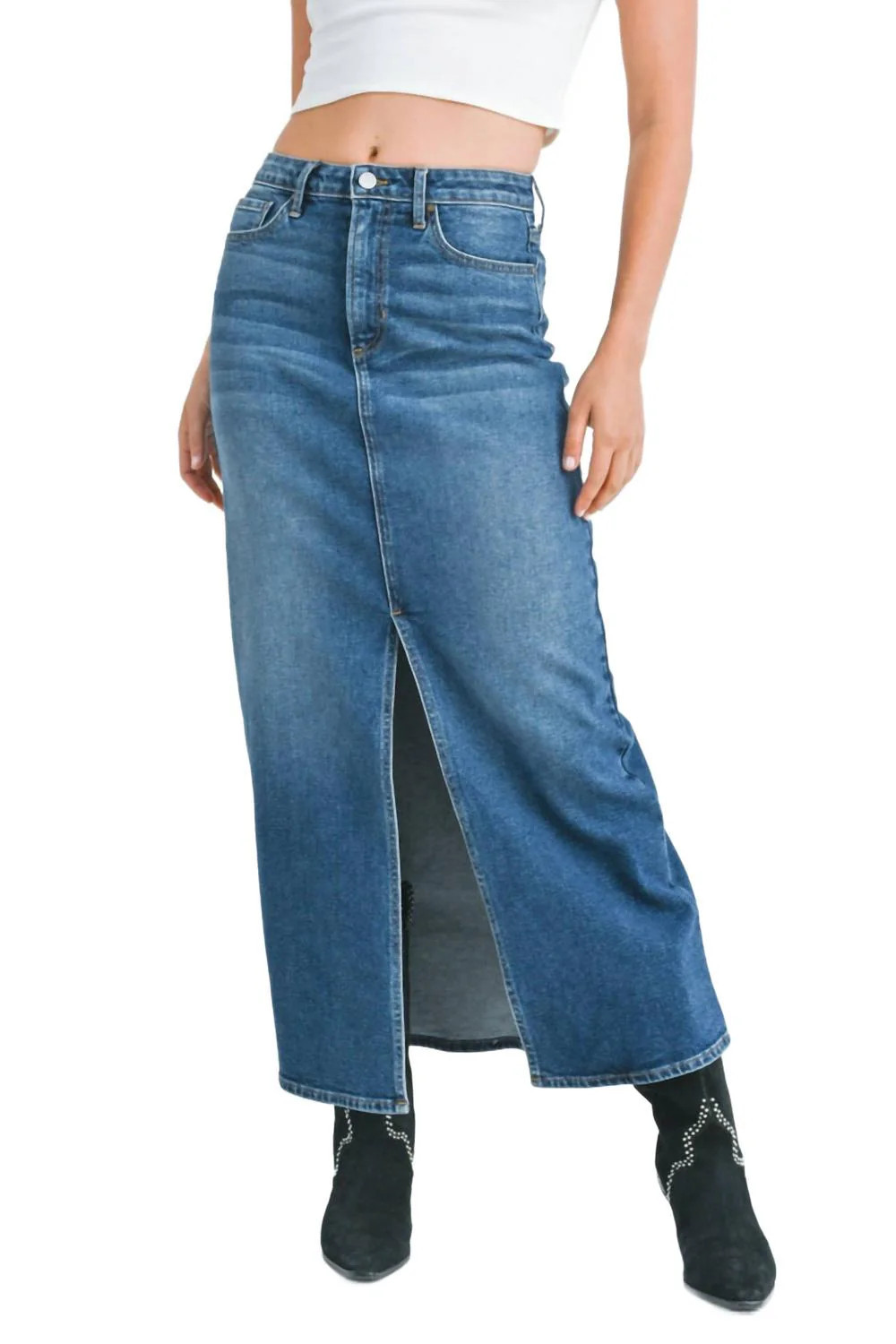 Classic Midi Skirt In Medium Denim | Shop Simon