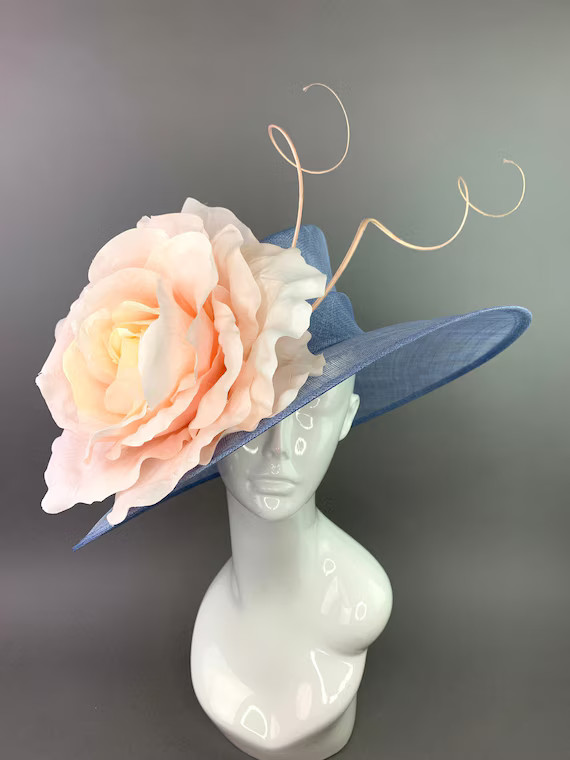 Faded Denim Blue with Peach Rose Kentucky Derby Hat, Church hat, High Tea Party Hat, Light Blue H... | Etsy (US)