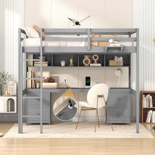 Yiekholo Full Study Loft Bed with Desk and Storage, Grey Finish, Contemporary Style, Integrated D... | Lowe's