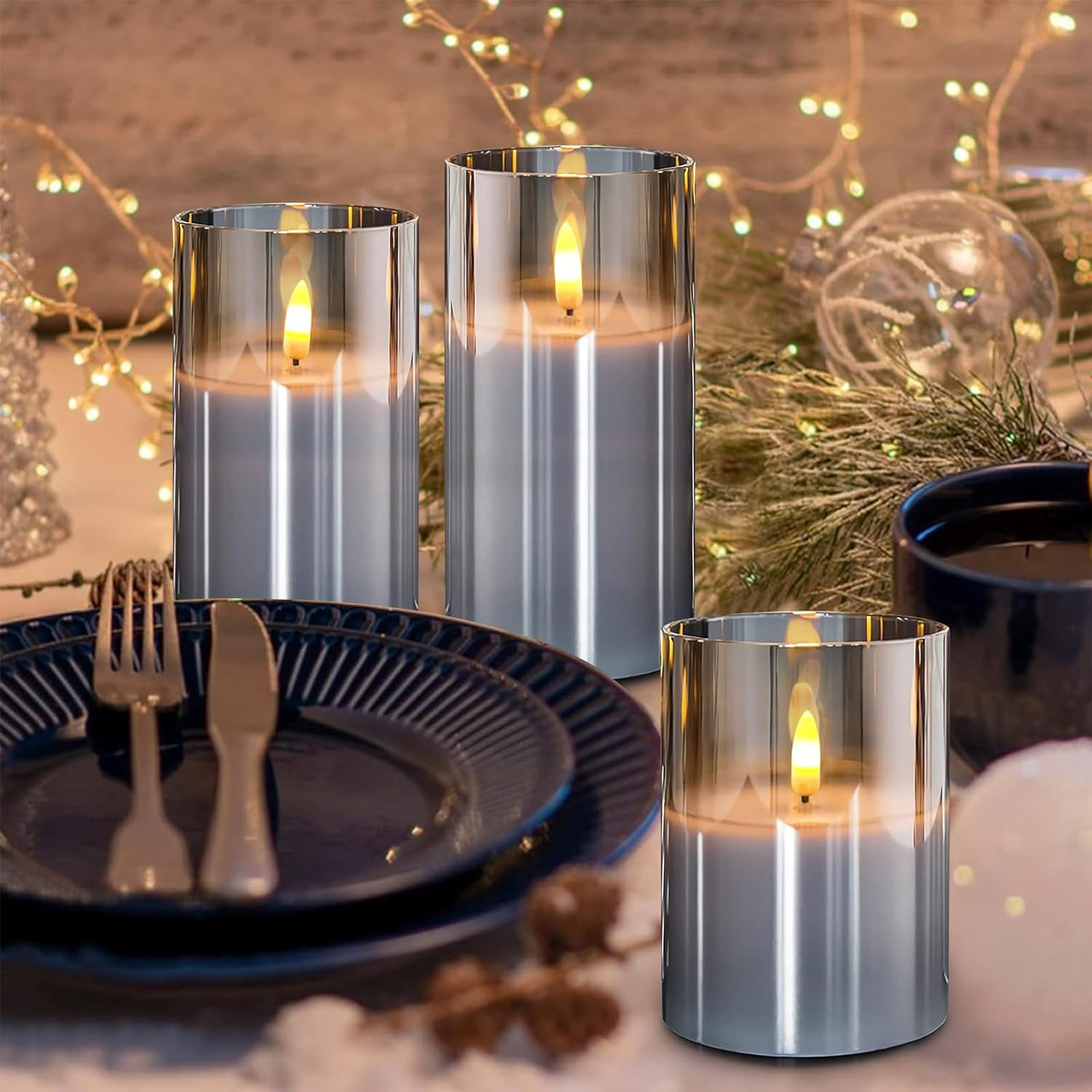 Grey Glass Flameless Candles with Remote Control and Timer,Battery Operated Flickering LED Pillar... | Amazon (US)