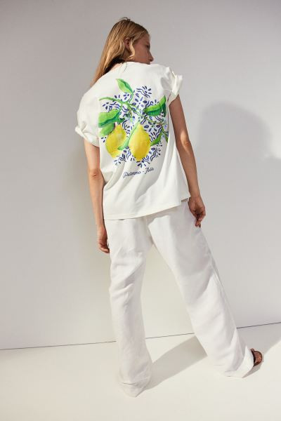 Printed T-shirt - Round Neck - Short sleeve - White/lemons - Ladies | H&M US | H&M (US + CA)