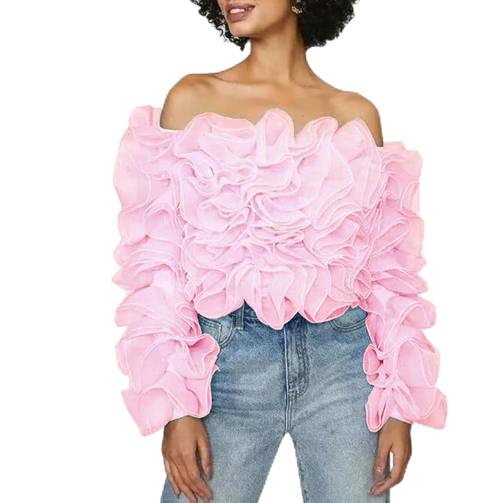Lisong Autumn Spring Puffy Off Shoulders Ruffled Short Layered Tulle Party Tops | Amazon (US)