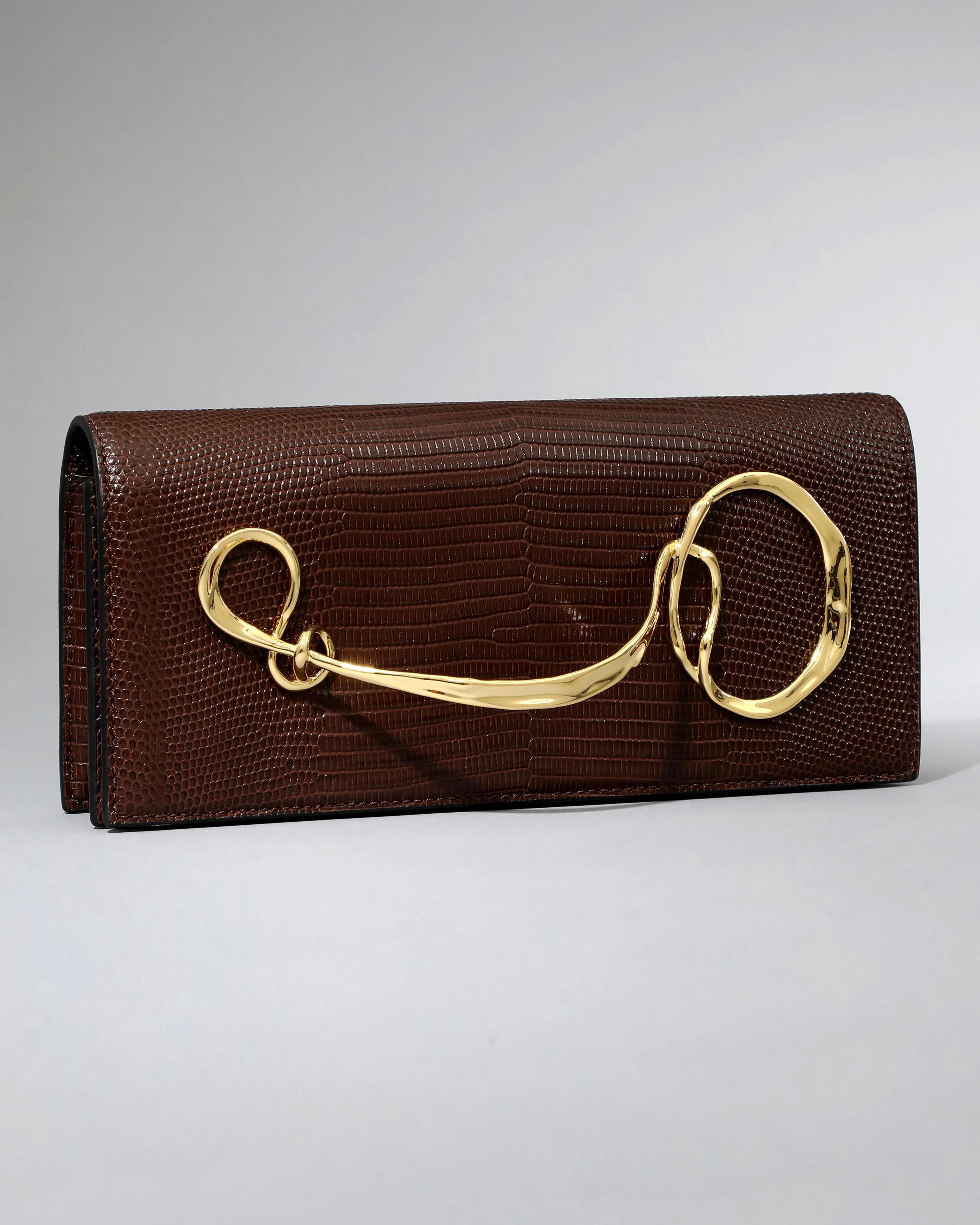 Chocolate Brown Lizard Leather Twisted Gold Side Handle Clutch | Alexis Bittar