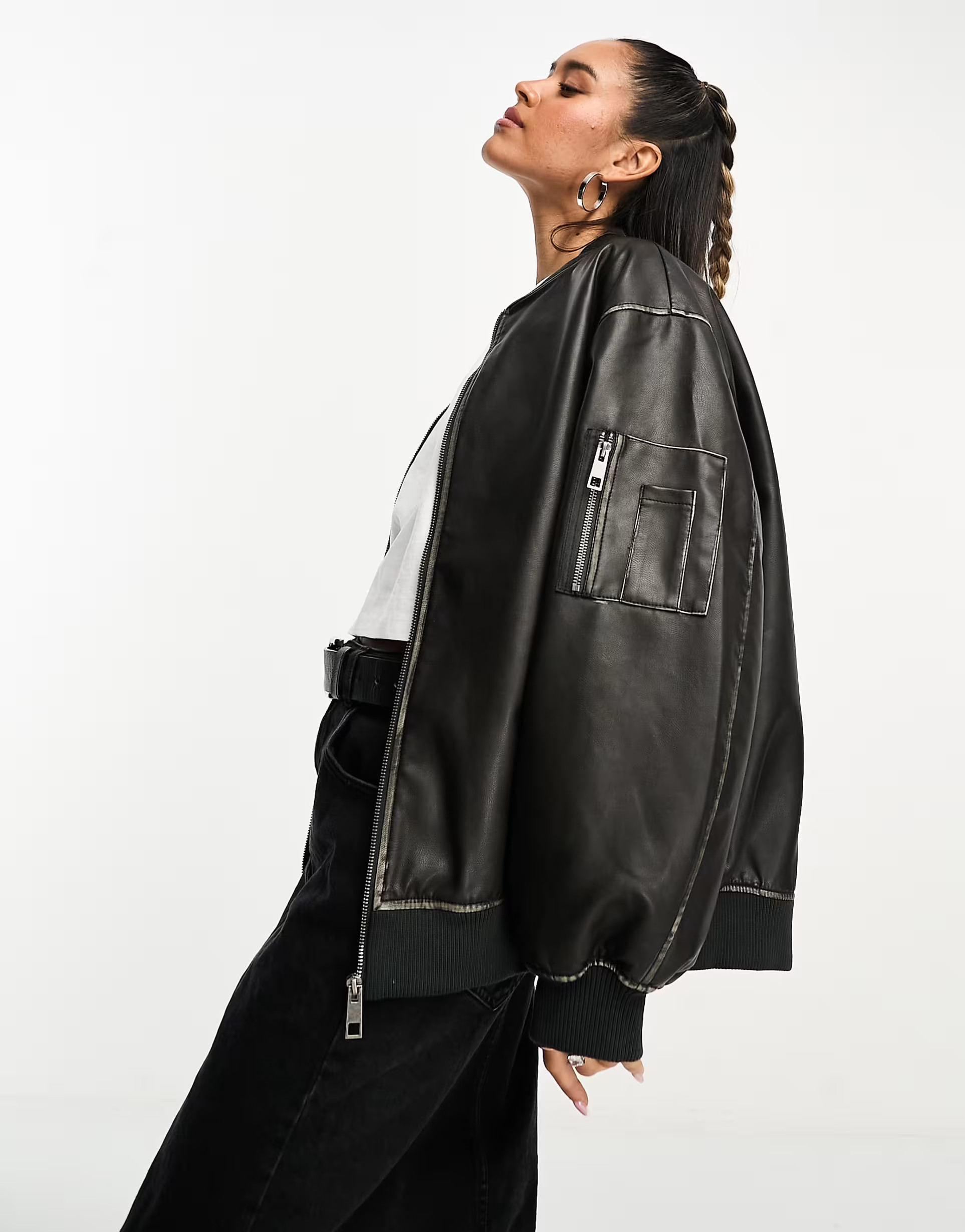 ASOS DESIGN washed faux leather bomber jacket in black | ASOS (Global)