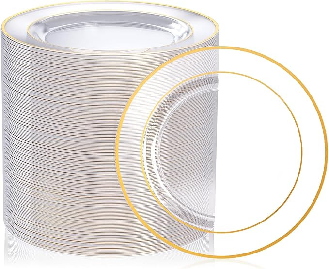 FOCUSLINE 100 Count Clear Gold Plastic Plates 7 Inch, Disposable Heavy Duty Clear Plates with Gol... | Amazon (US)