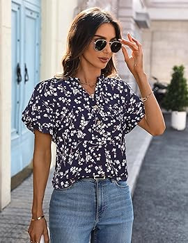 LOOKBOHO Womens Tops Dressy Casual Trendy Business Work Blouses Short Sleeve Ruffled V-Neck Tshir... | Amazon (US)
