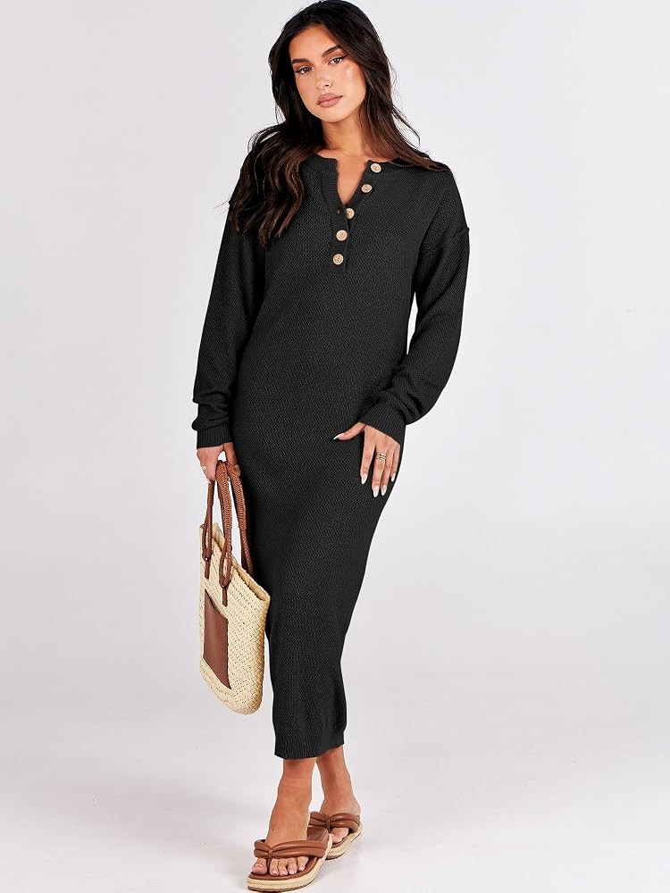 ANRABESS Women Sweater Dress Long Sleeve Button V Neck Oversized Casual Loose Fall Waffle Knit Long  | Amazon (US)