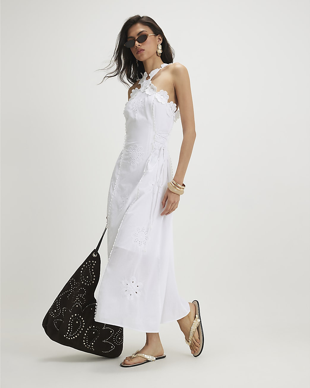 White Cotton Crochet Motif Midi Dress | River Island UK & IE