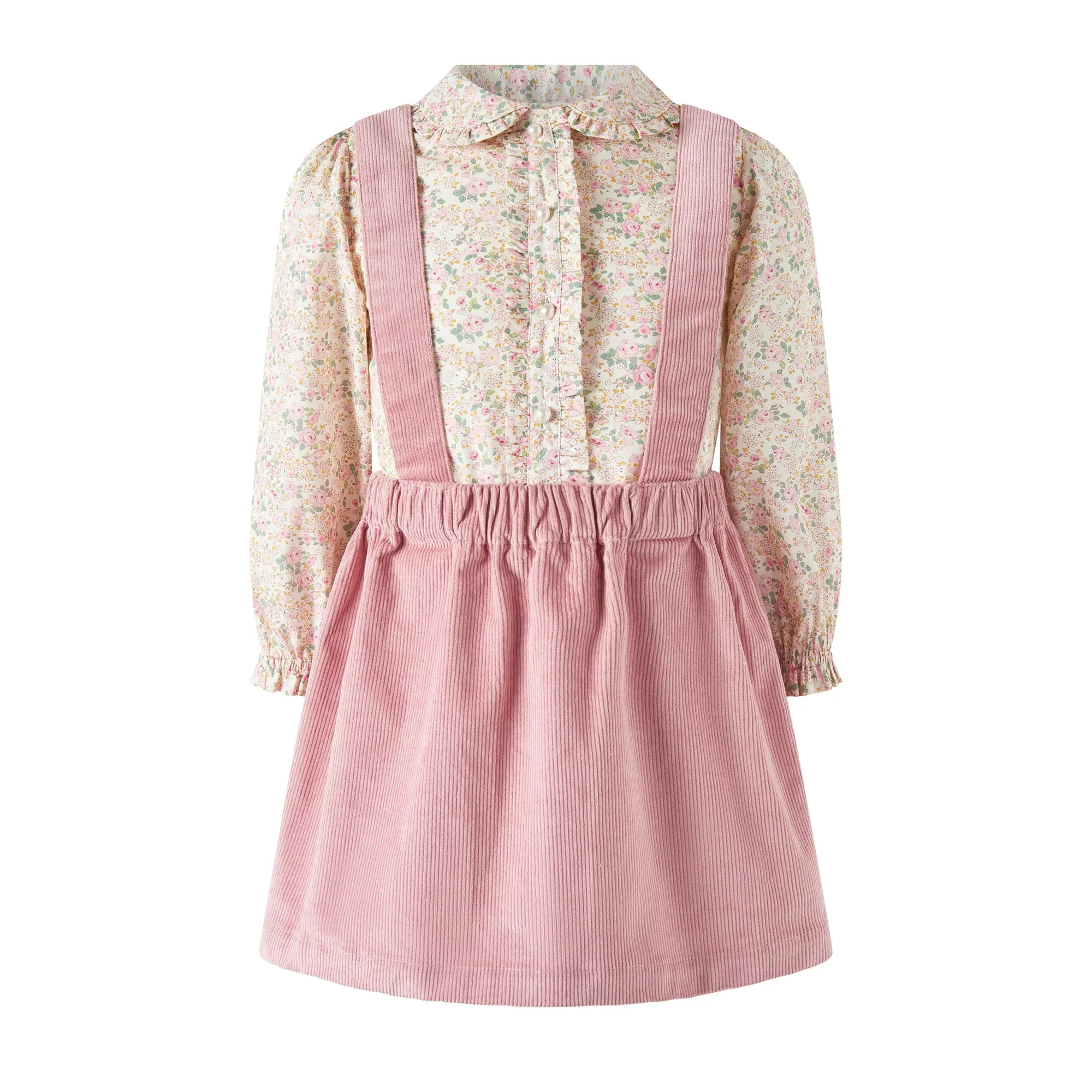 Floral Blouse & Pink Cord Pinafore Set | Rachel Riley