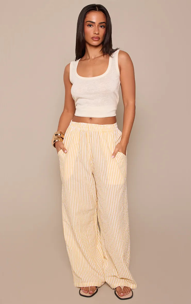 Lemon Stripe Linen Look Elasticated Waist Trousers | PrettyLittleThing | PrettyLittleThing UK