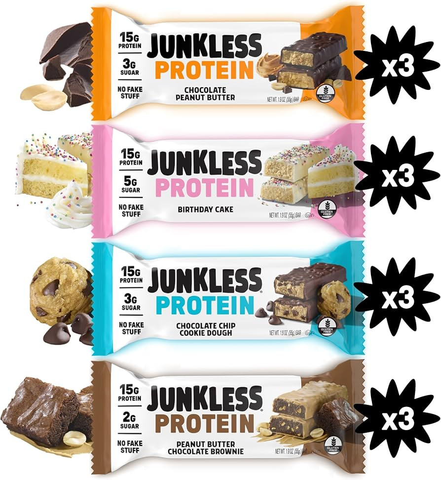 JUNKLESS Protein Bars Variety Pack | Chocolate Peanut Butter, PB Chocolate Brownie, Birthday Cake... | Amazon (US)