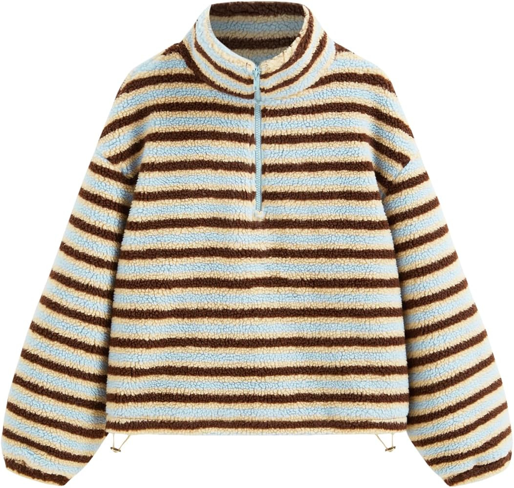 CIDER Fleece Half Zip Sweatshirt Stand Collar Striped Oversized | Amazon (US)