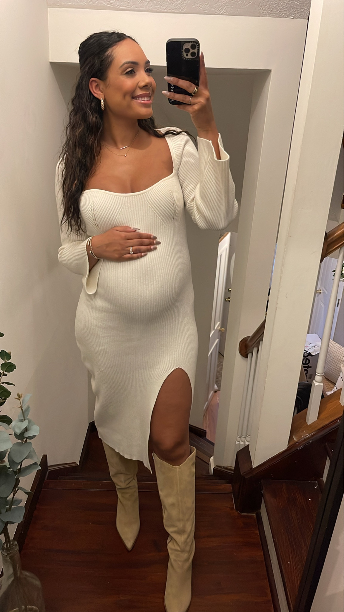 Outfit, dress, sweater, dress, bump, friendly, bum, friendly dress, pregnancy, dress, I Pregnancy 🌈, Albert, high knee, boots, white dress, gold earrings, gold, necklace, gold bracelet

#LTKunder100 #LTKstyletip #LTKbump