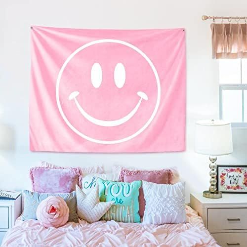 Amazon.com: Pink Smiley Face Tapestry Cute Aesthetic Preppy Room Decor Teen Girls College Dorm De... | Amazon (US)