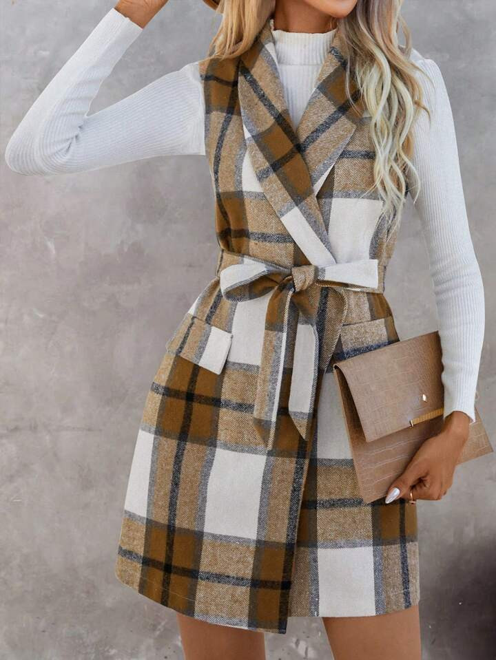 SHEIN Unity Plaid Print Belted Dress | SHEIN