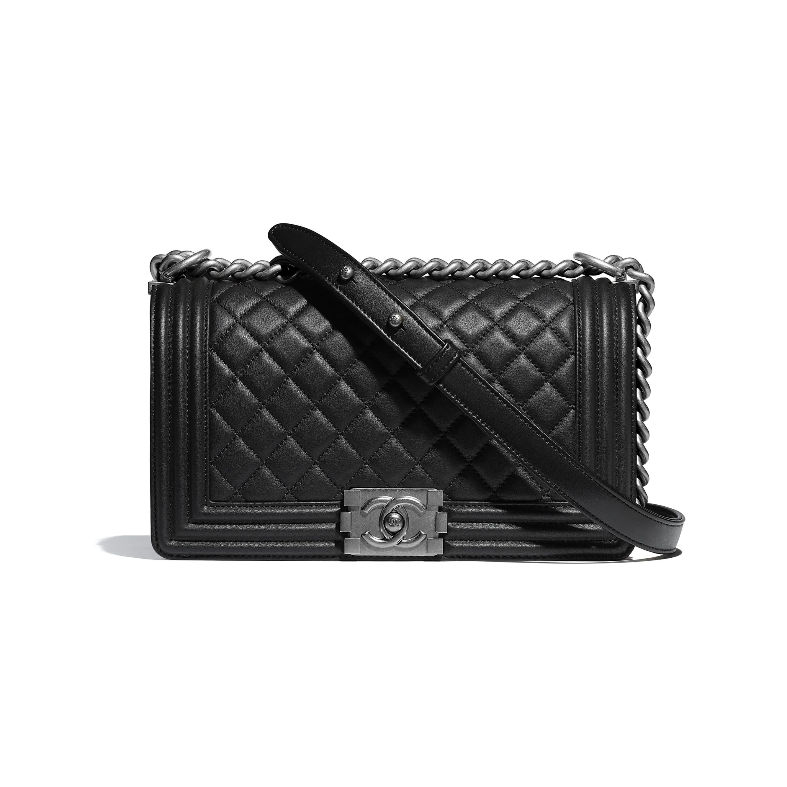 Boy chanel handbag, Calfskin & ruthenium-finish metal, black — Fashion | CHANEL | Chanel, Inc. (US)
