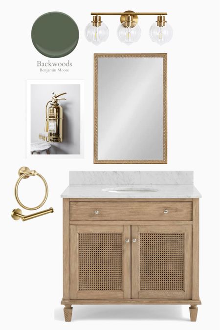 Powder room moodboard. Powder room vanity. Dark green, wood and gold tones  

#LTKhome