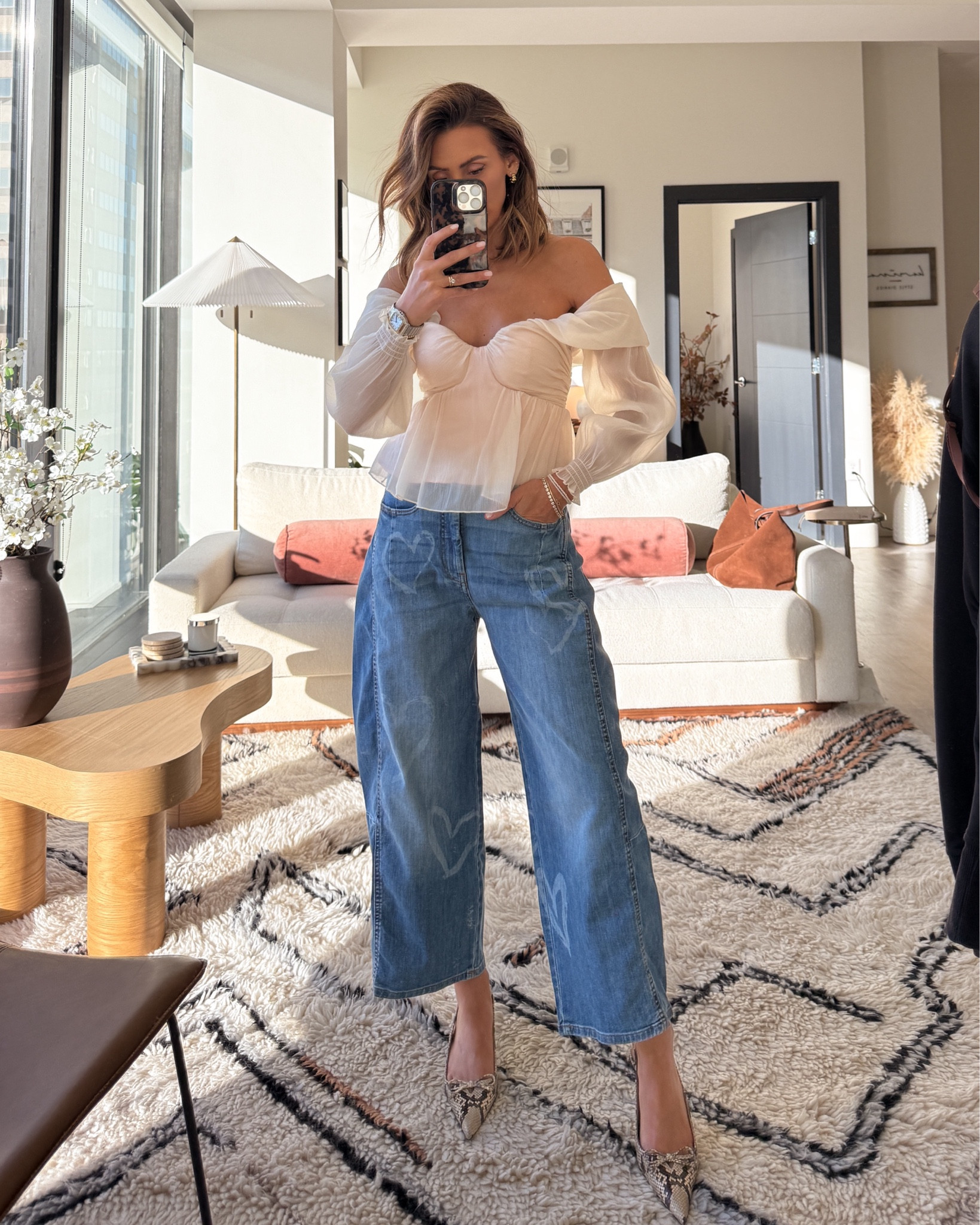 Valentine’s Day outfit idea, romantic top with padding and barrel jeans with heart both fit tts 

#LTKSeasonal #LTKParties #LTKStyleTip