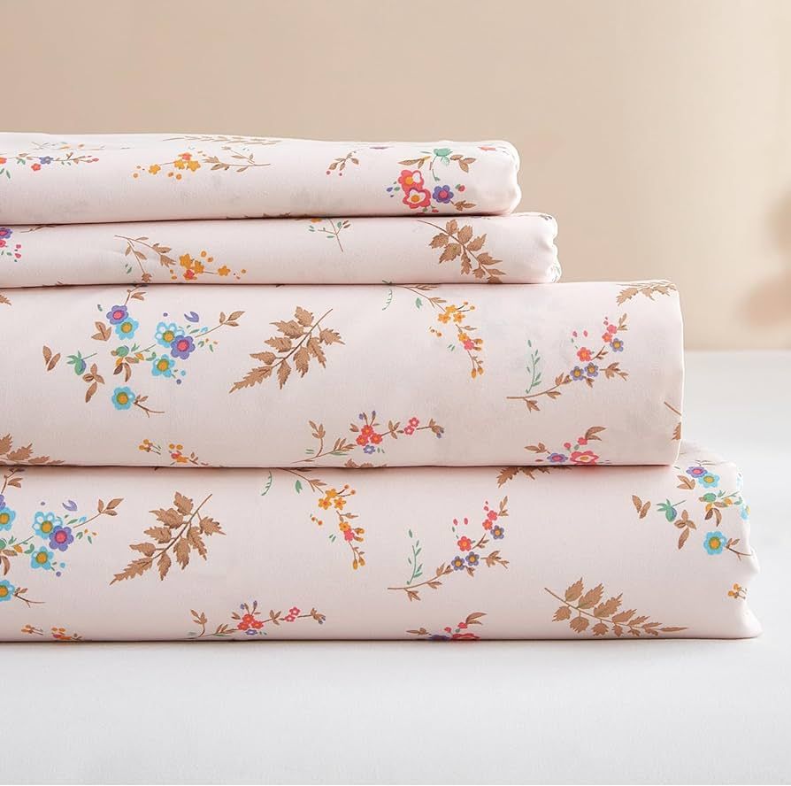HIGHBUY Twin Size Sheet Set - Breathable Cooling Sheets Pink Floral 3 Sheet Set - Deep Pocket Fit... | Amazon (US)