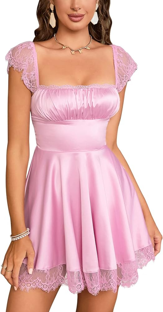 EYNMIN Women's Satin Lace Strap Mini Dress Square Neck Flowy A-Line Ruffle Swing Casual Short Dre... | Amazon (US)