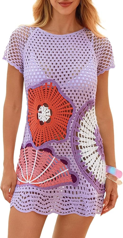 Women's 3D Mandala Crochet Beach Cover Up, Boho Embroidery Swimsuit Dress Resort Wear for Poolside & Vacation | Amazon (US)
