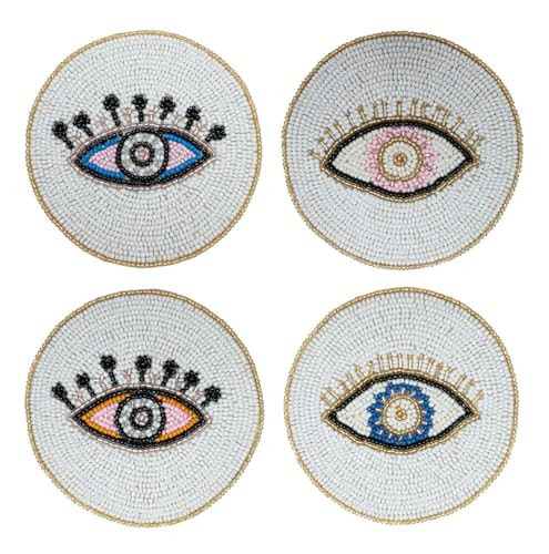 Folkulture Beaded Coasters for Drinks | Set of 4 (4") Round Decorative Bar Coaster for Table Décorations or Coffee Table | Cute Boho Coasters | Set of 4 Evil Eye Decor Gifts for Her | Amazon (US)