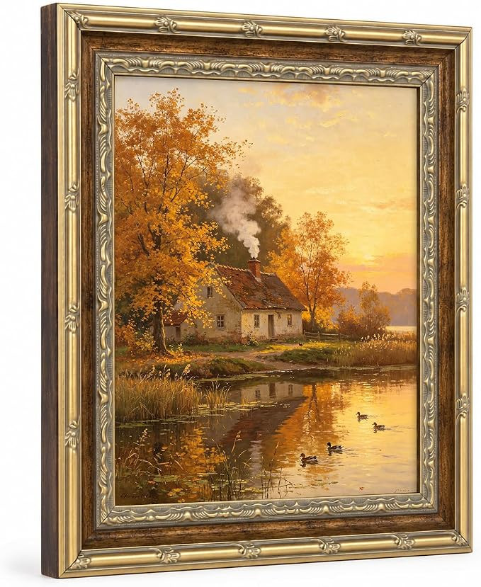 Autumn Cottage Lake Gold Framed Wall Art Duck Pond Landscape Print for Living Room Decor 8x10in W... | Amazon (US)