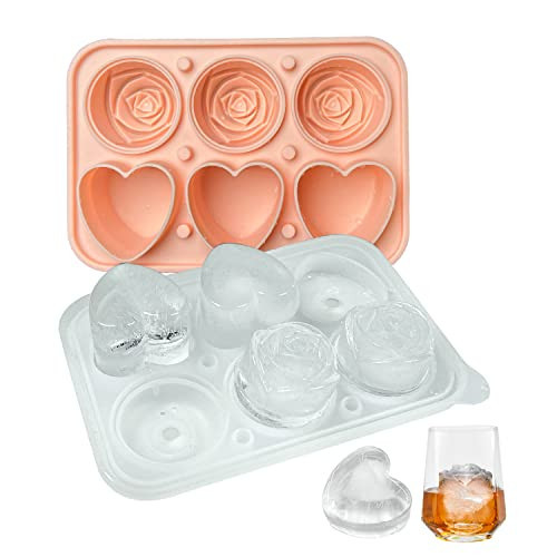 Rose Ice Cube Mold, Heart Shapes Ice Cube Tray, Silicone Ice Mold Fun Shapes with Clear Funnel-type Lid, 3 Heart & 3 Rose Ice Balls for Chilling Whiskey Cocktails Drinks, Pink | Amazon (US)