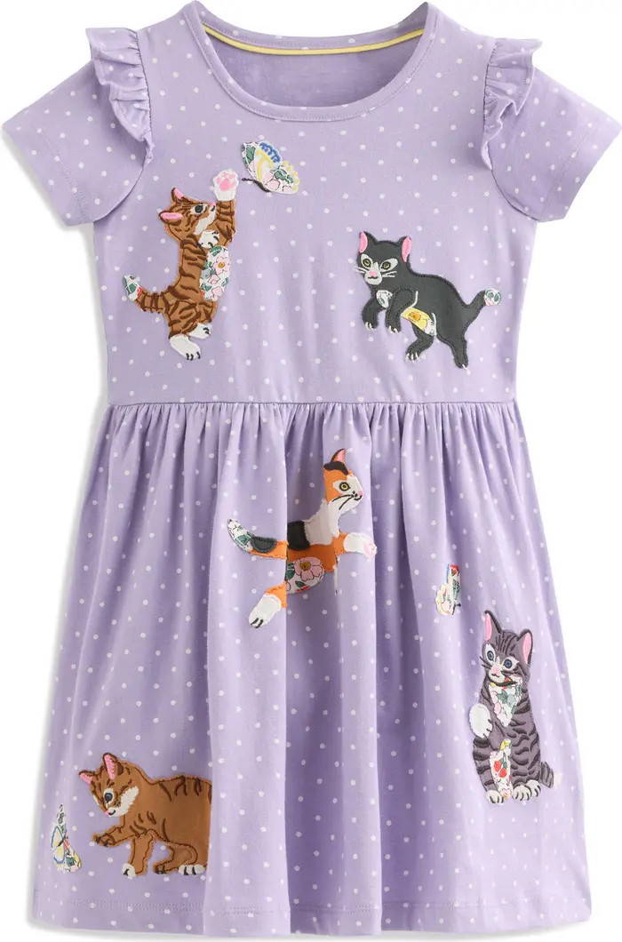 Mini Boden Kids' Dot Print Kitten Appliqué Cotton Jersey Dress | Nordstrom | Nordstrom