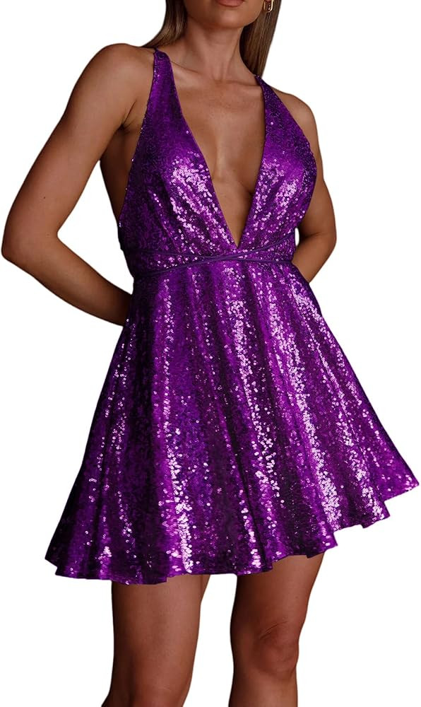 R.Vivimos Women's Sequin Dress Spaghetti Strap Sexy Deep V Neck Backless Glitter Club Party Skate... | Amazon (US)