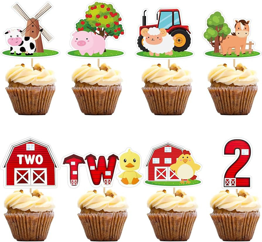 48 PCS Two Farm Animals Cupcake Toppers Baby 2nd Birthday Decorations Barnyard Theme Cake Toppers... | Amazon (US)
