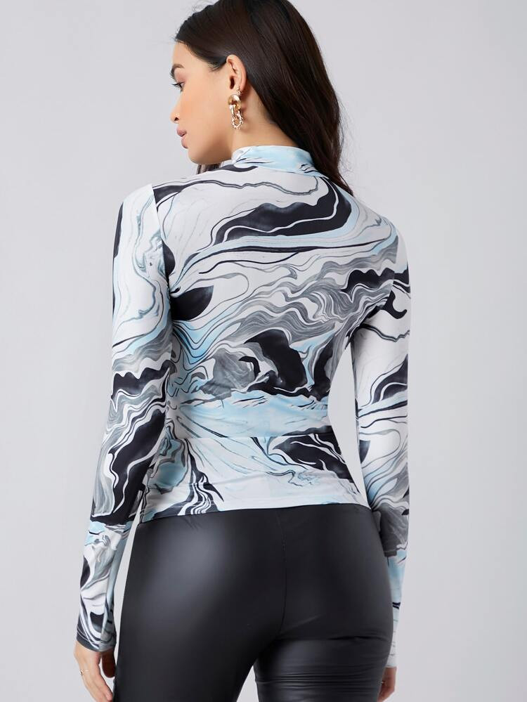 SHEIN Mock Neck Marble Print Top | SHEIN