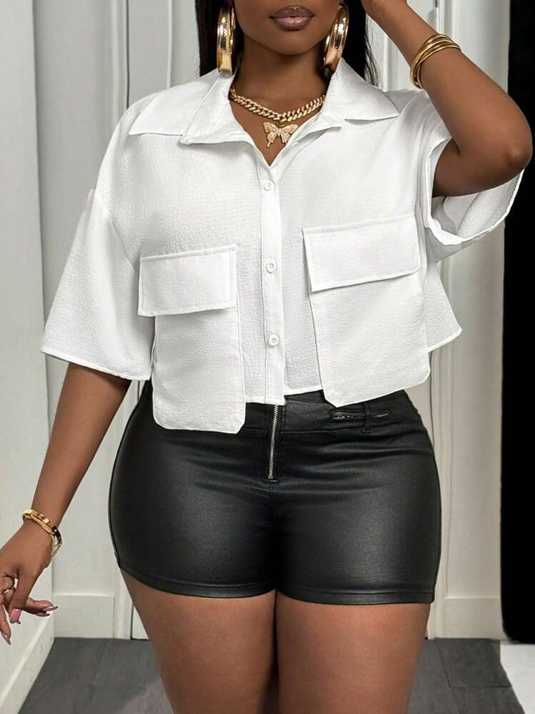 Slaydiva Casual White Polo Collar Shortened Workwear Short Sleeve Women's Plus Blouse With Pocket... | SHEIN