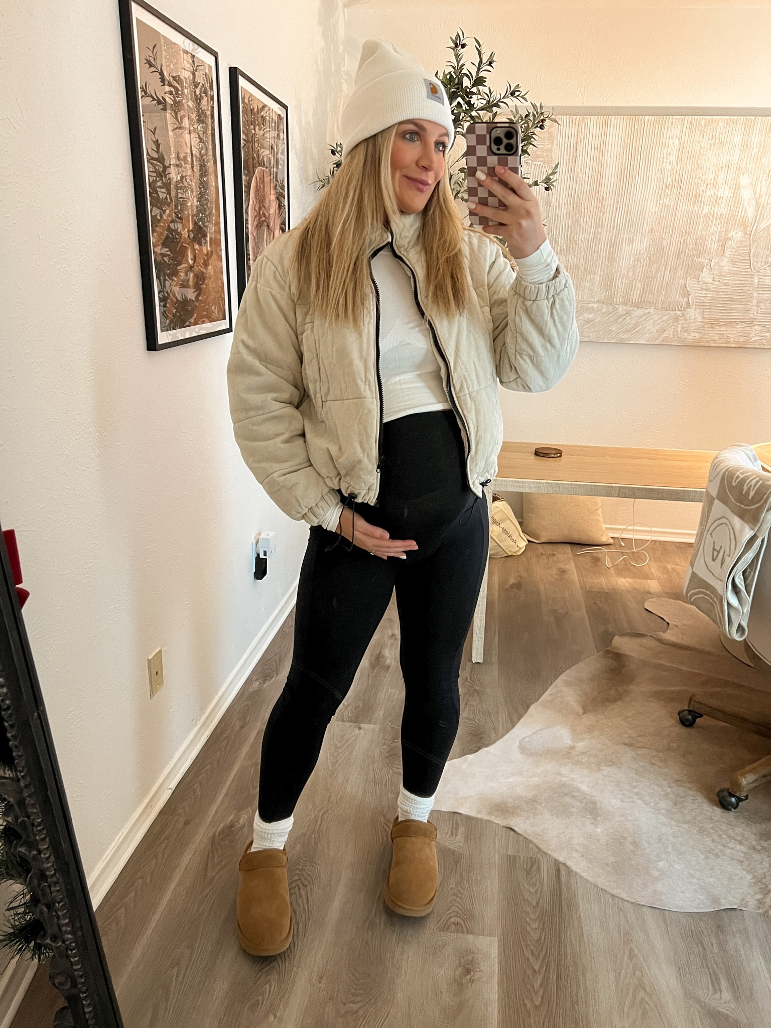 Todays casual outfit! Fall outfit idea, mini ugg style 

Puffer jacket is old but linking similar, long sleeve workout top, carhartt beanie, maternity leggings, mini slipper uggs and tall socks! 

#LTKstyletip #LTKSeasonal