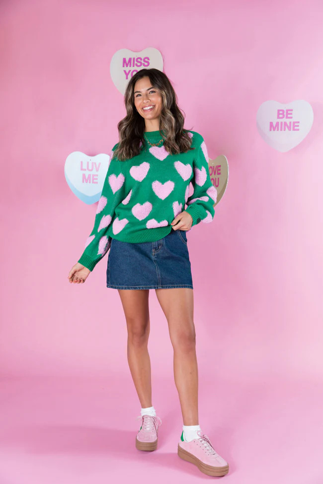 I'll Be There Green Fuzzy Heart Sweater | Pink Lily