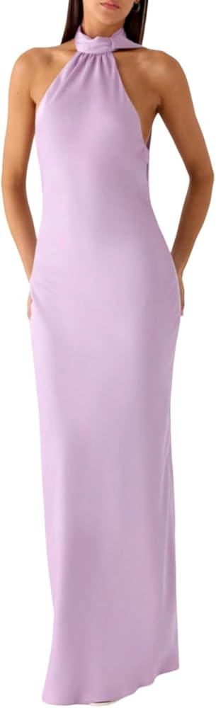 Women Y2k Halter Neck Long Dress Satin Sleeveless Backless Maxi Dress Elegant Silk Tie Back Dresses Streetwear | Amazon (US)