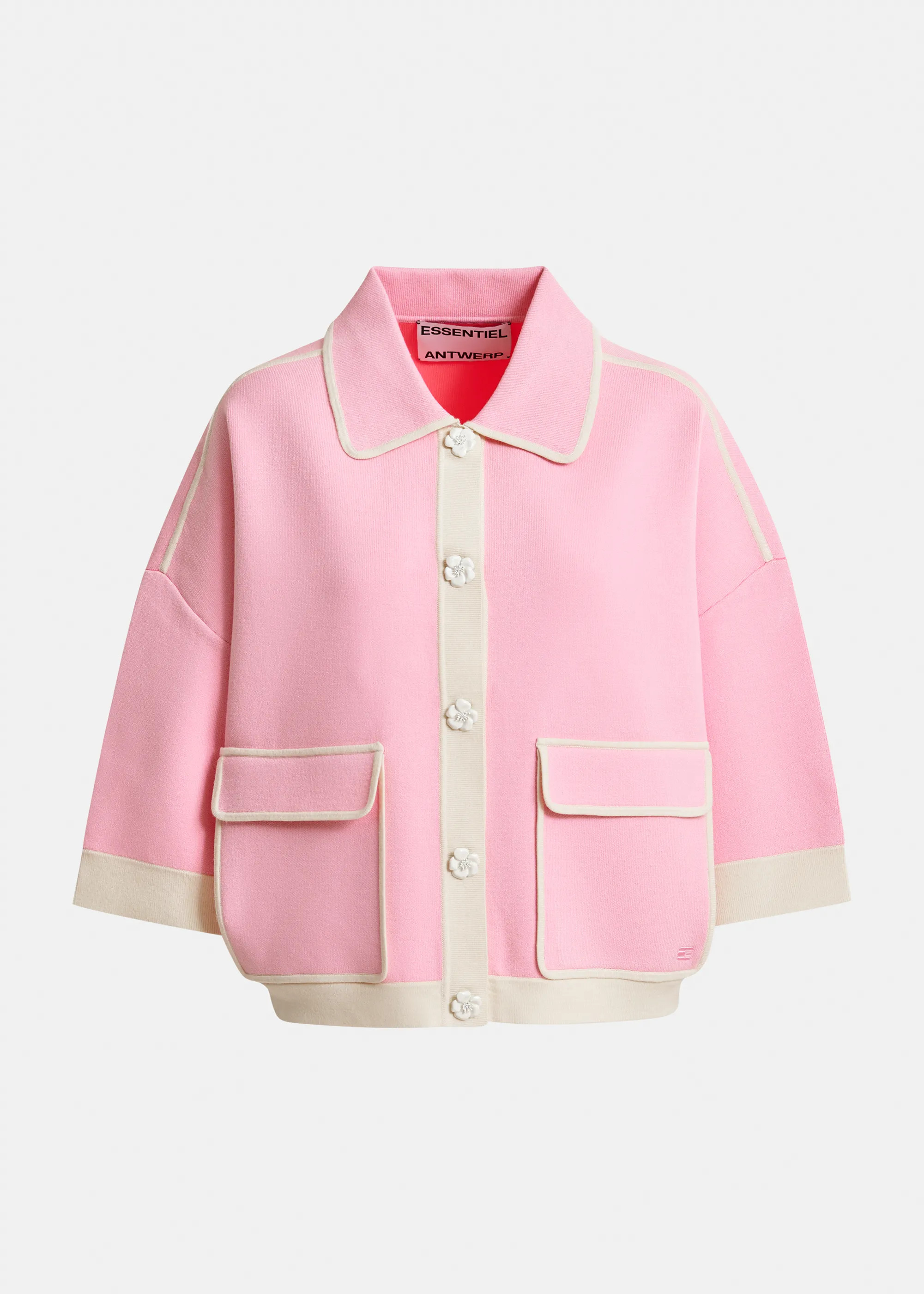 Pink knit cardigan with flower buttons and off-white contrasting trims | Essentiel Antwerp United... | Essentiel Antwerp