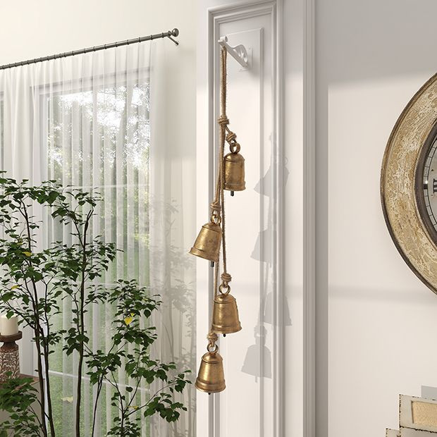 Gold Bells On Knotted Jute Rope | Antique Farm House