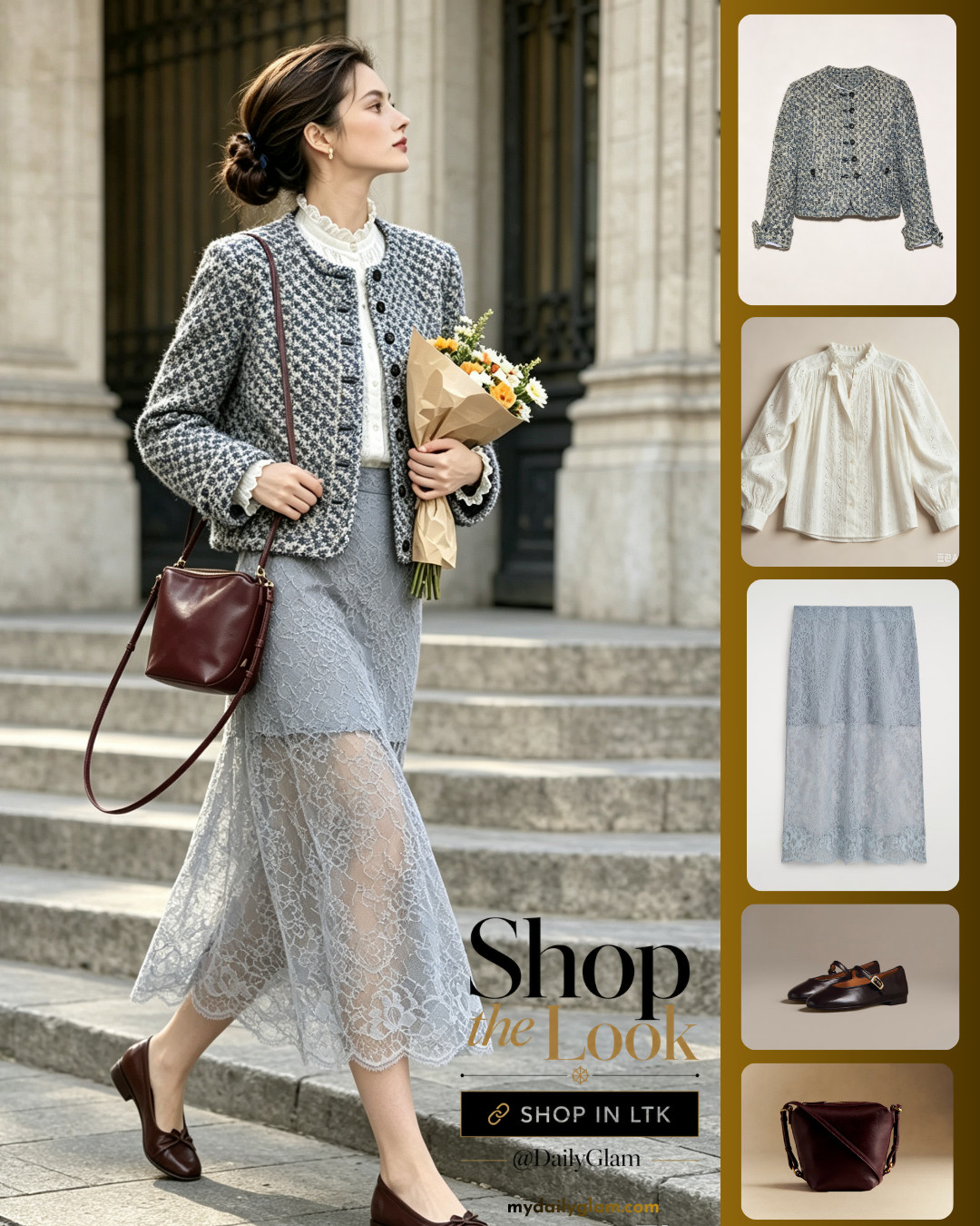Romantic Tweed Jacket Fall Look | Lace Midi Skirt + Mary Jane Shoes

#TweedJacket #LaceMidiSkirt #FrenchRomanticStyle #FallDateOutfit #ChicClassic #SoftFall #ElegantOOTD 

 #LTKootd #LTKOver40 #LTKWorkwear