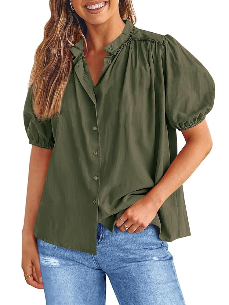 Tankaneo Womens Puff Sleeve Button Down Shirts Cotton Pleated Loose Fit Tops Summer Dressy Casual... | Amazon (US)